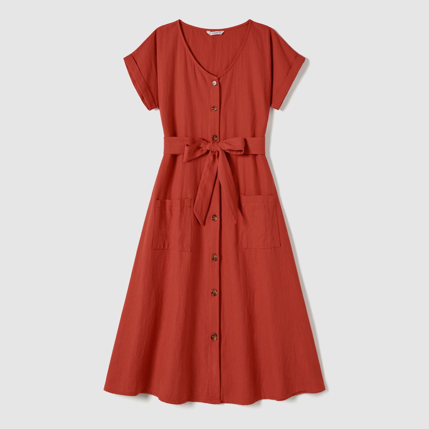 Family Matching 100% Cotton Button Up Short-sleeve Belted Dresses And Stripe Panel T-shirts Sets