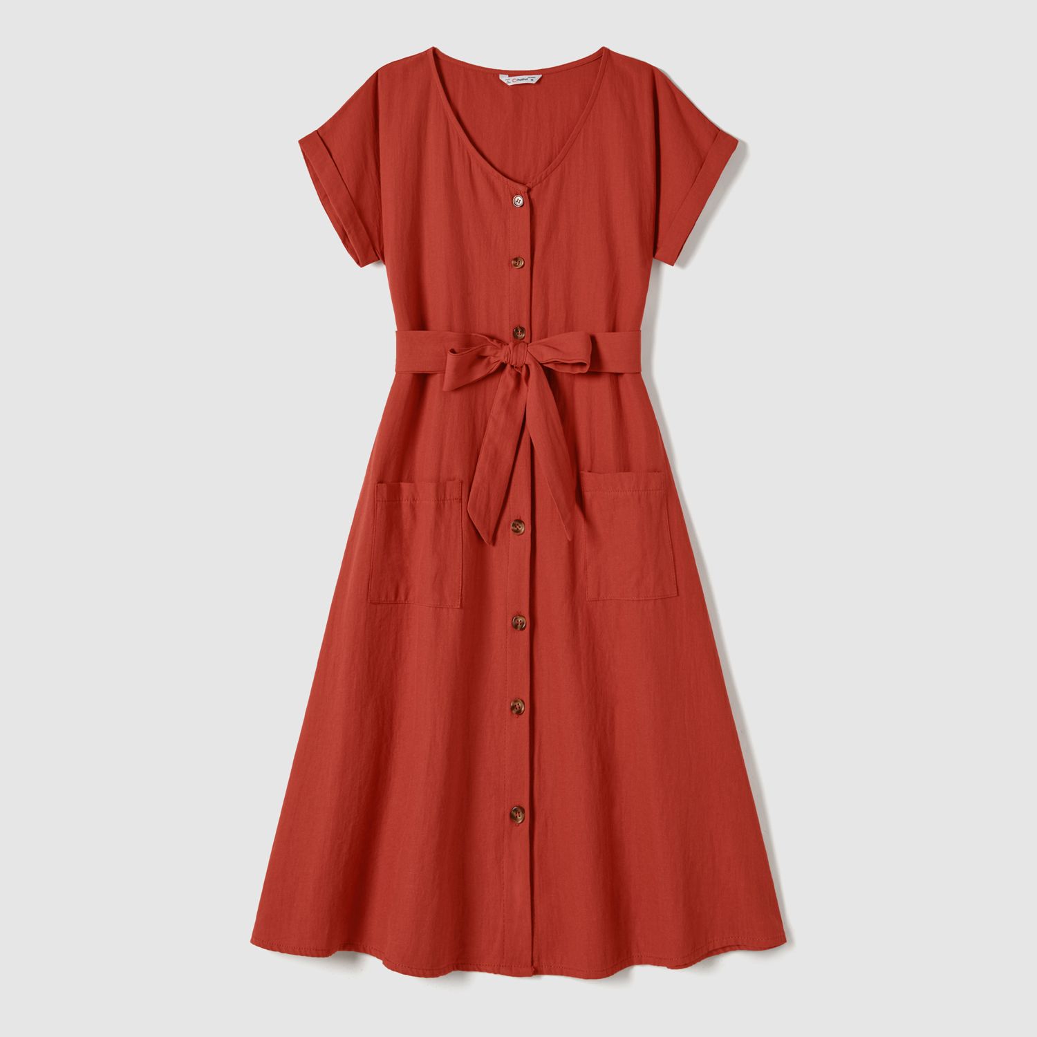 

Family Matching 100% Cotton Button Up Short-sleeve Belted Dresses and Stripe Panel T-shirts Sets