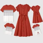 Family Matching 100% Cotton Button Up Short-sleeve Belted Dresses and Stripe Panel T-shirts Sets  image 2