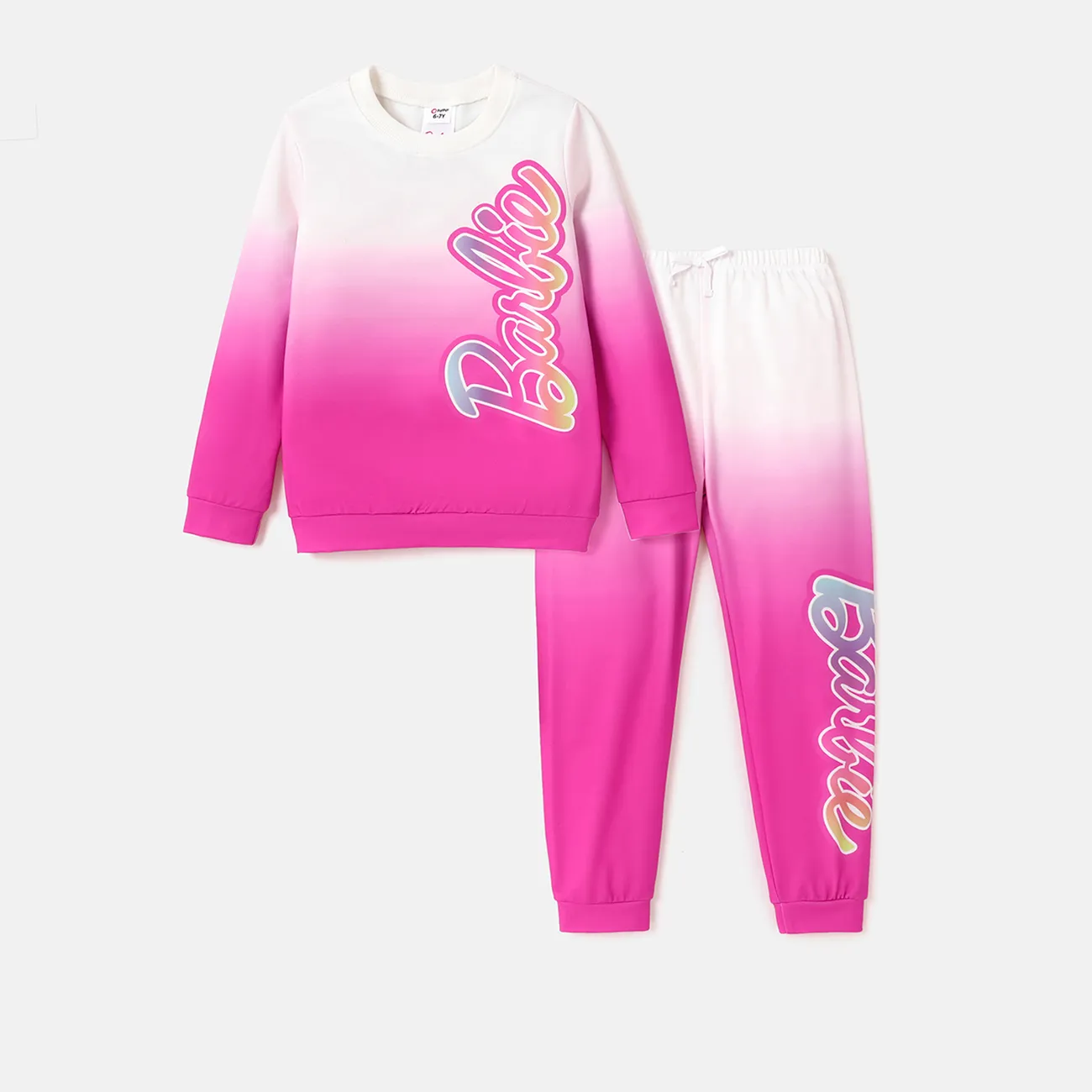 Barbie Kid Girl 2pcs Letter Print Colorblock Long-sleeve Top and Pants Set  PINK-1 big image 1