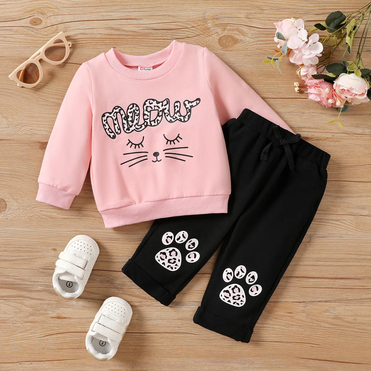 2pcs Baby Girl Cat & Letters Print Long-sleeve Sweatshirt and Cat Paw Print Pants Set Pink big image 1