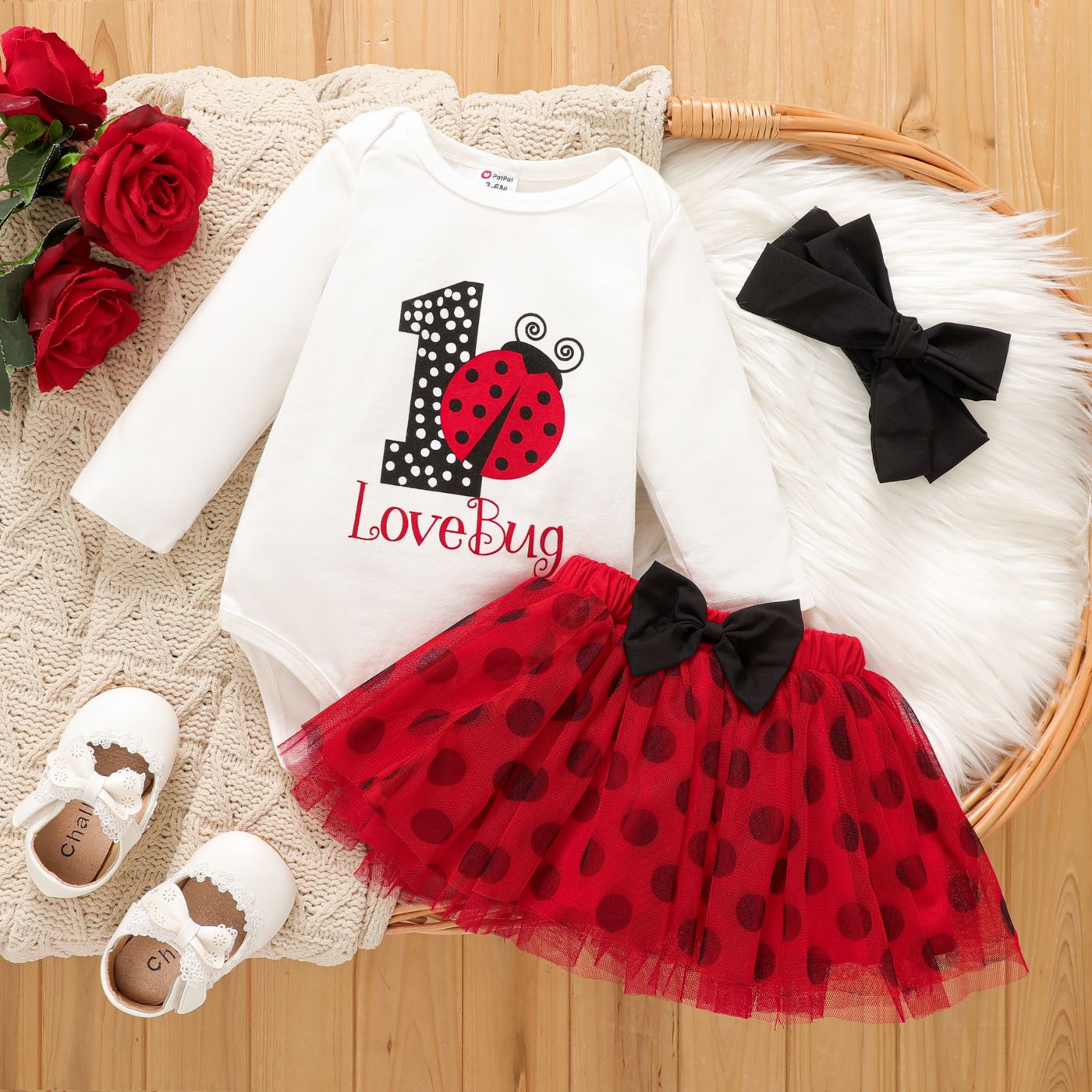 3pcs Baby Girl 95% Cotton Ladybug & Letters Graphic Long-sleeve Romper And Allover Polka Dots Bow Decor Skirt & Headband Set