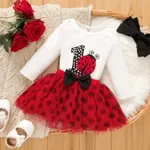 3pcs Baby Girl 95% Cotton Ladybug & Letters Graphic Long-sleeve Romper and Allover Polka Dots Bow Decor Skirt & Headband Set Red image 2