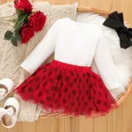3pcs Baby Girl 95% Cotton Ladybug & Letters Graphic Long-sleeve Romper and Allover Polka Dots Bow Decor Skirt & Headband Set Red image 3