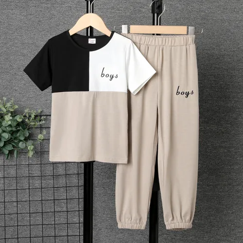 2pcs Kid Boy Colorblock Letters Embroidery Short-sleeve Tee and Solid Pants Set