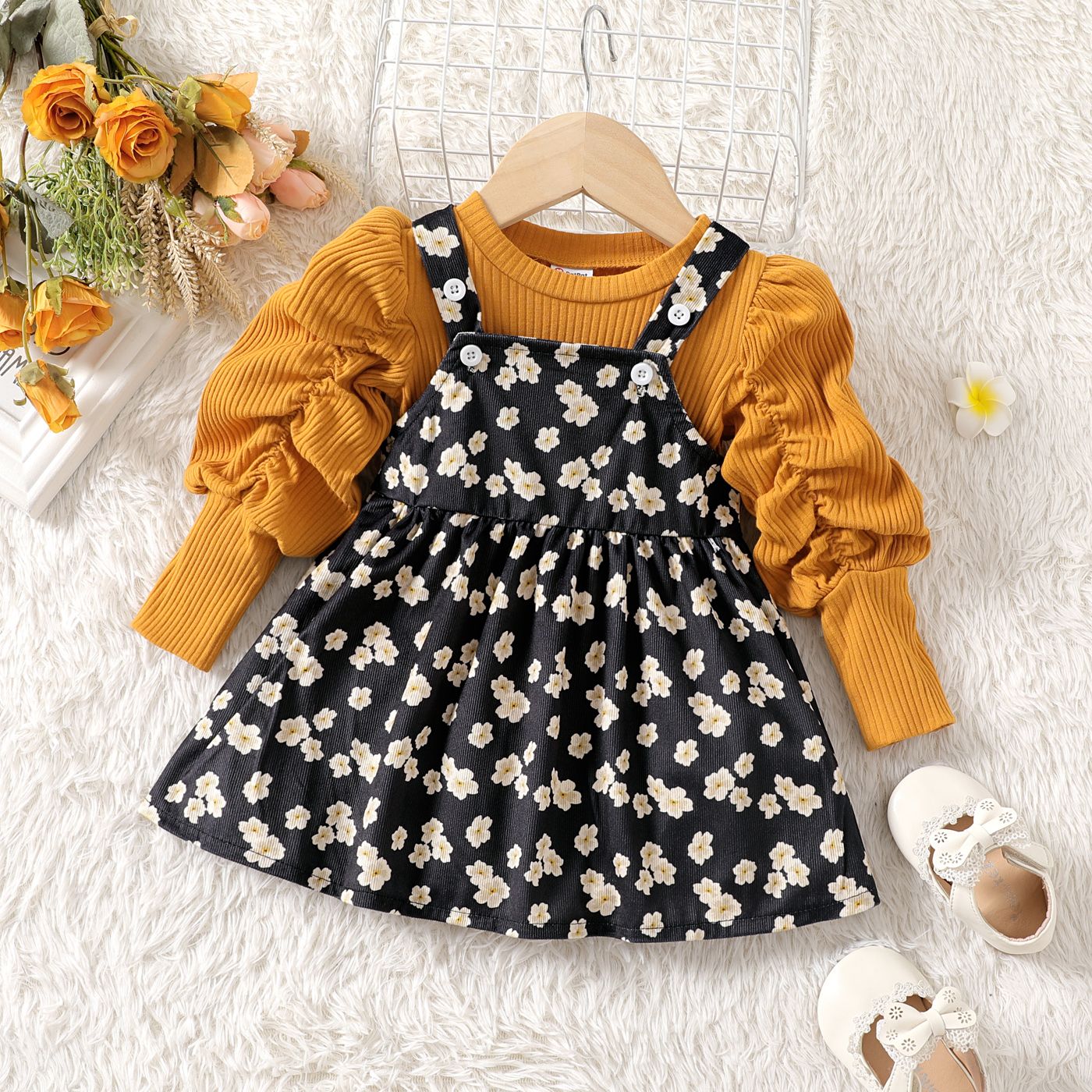 2pcs Baby Girl 95% Cotton Ribbed Solid Lamb Leg Sleeve Top and Allover Floral Print Strappy Dress Set