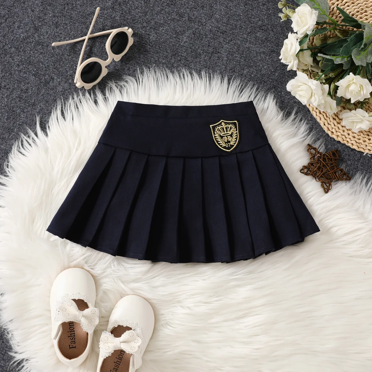 Toddler Girl Preppy Style Badge Embroidered Pleated Skirt  Tibetan blue big image 1