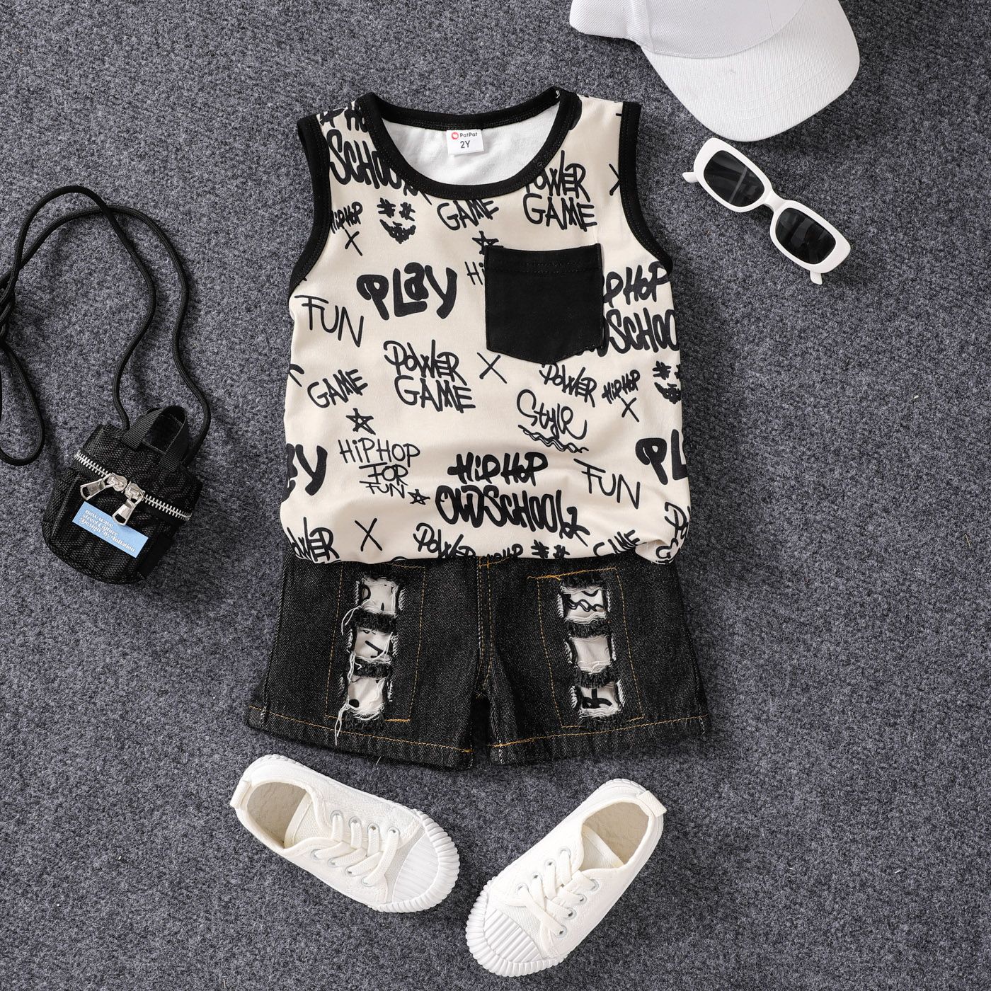 2pcs Toddler Boy Allover Letter Print Patch Pocket Tank Top and Cotton Ripped Denim Shorts Set