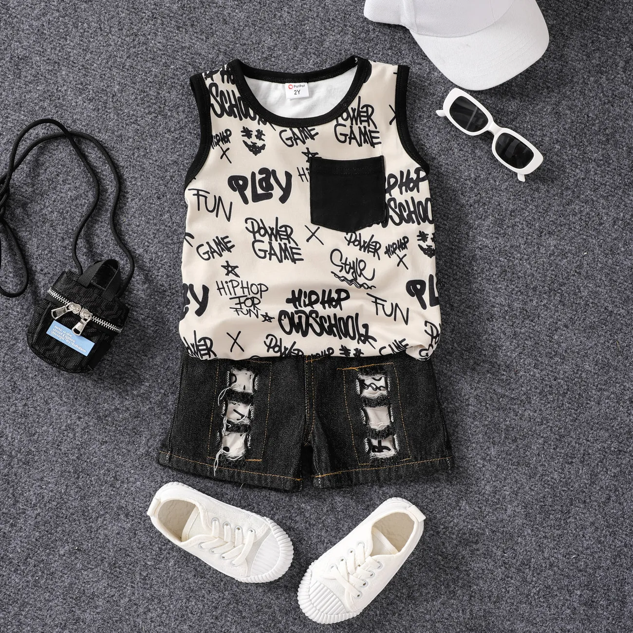 2pcs Toddler Boy Allover Letter Print Patch Pocket Tank Top and Cotton Ripped Denim Shorts Set  big image 1
