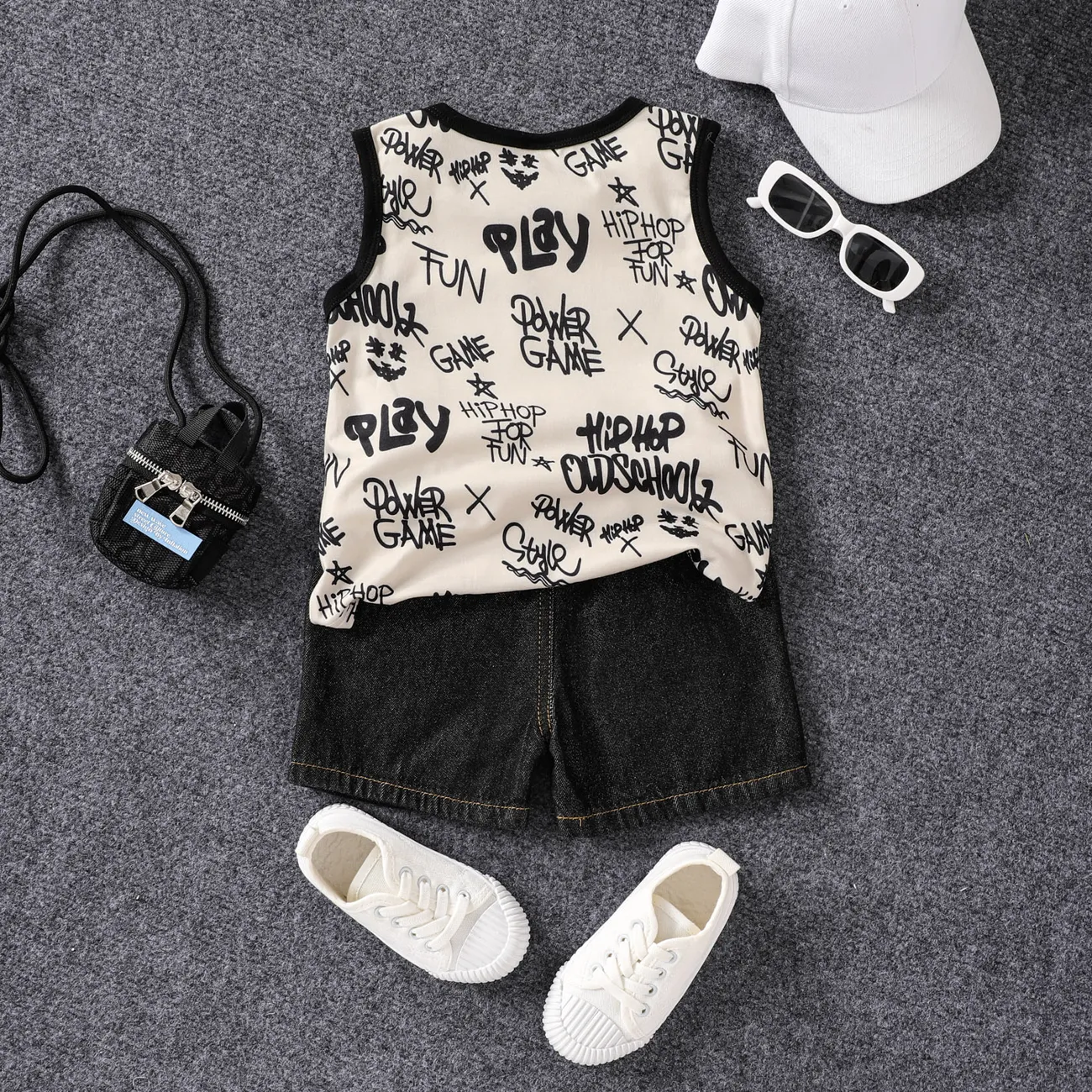 2pcs Toddler Boy Allover Letter Print Patch Pocket Tank Top and Cotton Ripped Denim Shorts Set Apricot big image 1