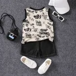 2pcs Toddler Boy Allover Letter Print Patch Pocket Tank Top and Cotton Ripped Denim Shorts Set  image 2