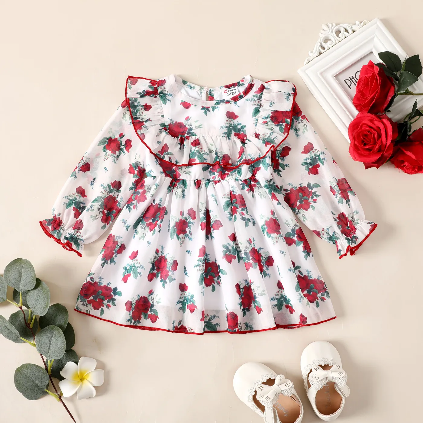 Bebé Extremidades franzidas Flores isoladas Bonito Manga comprida Vestidos Vermelho big image 1