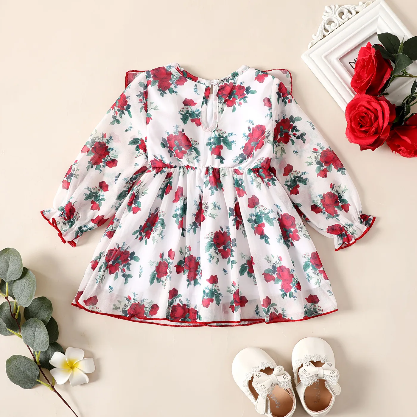 Bebé Extremidades franzidas Flores isoladas Bonito Manga comprida Vestidos Vermelho image 2