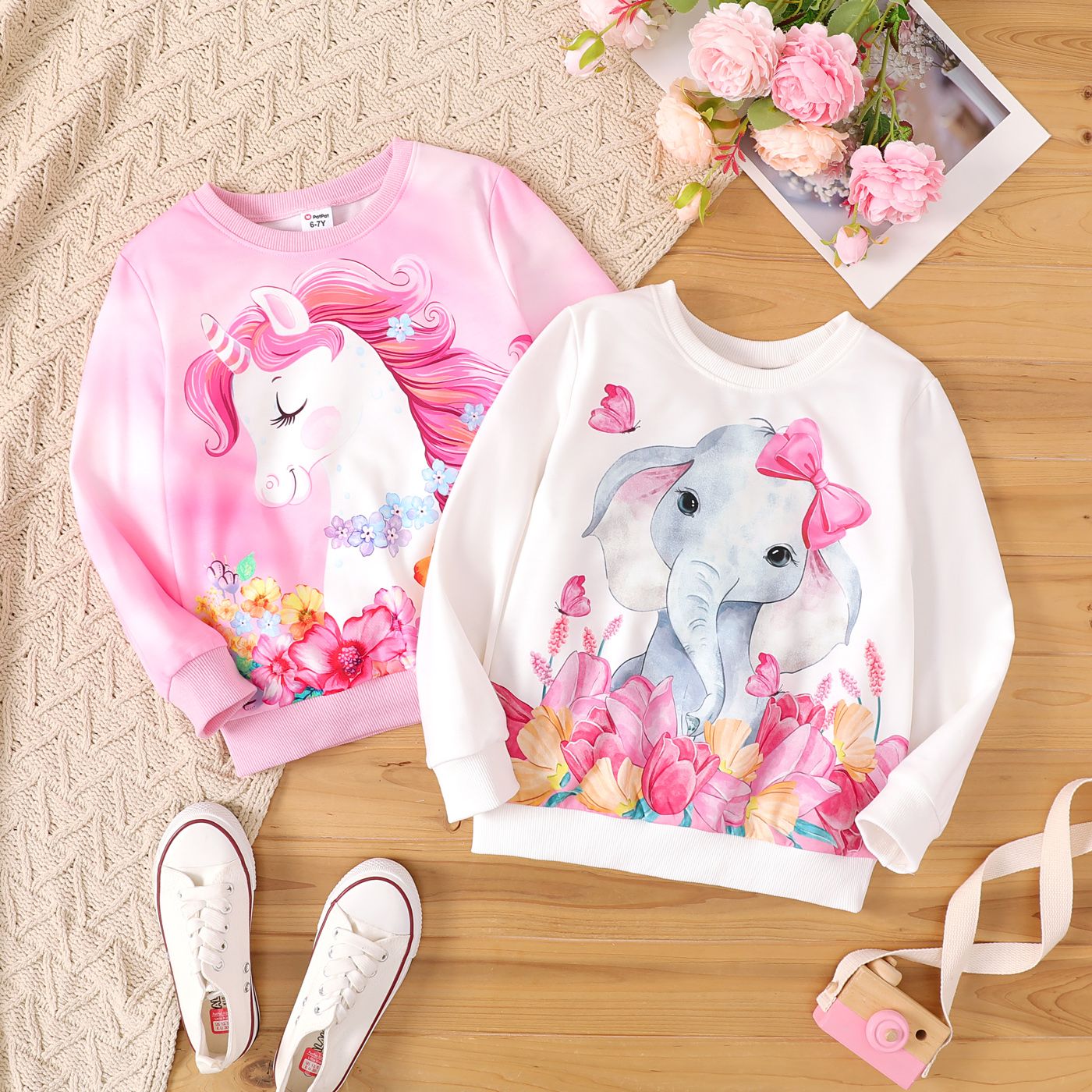 Kids Girl Elephant Or Unicorn Print Pullover à Manches Longues