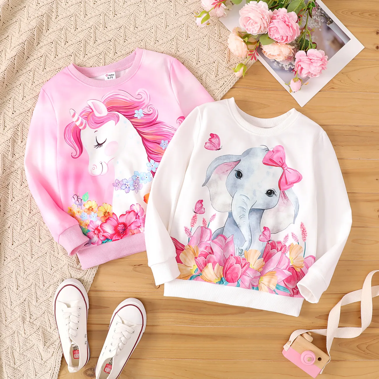 Kids Girl Elephant or Unicorn Print Long-sleeve Pullover White big image 1