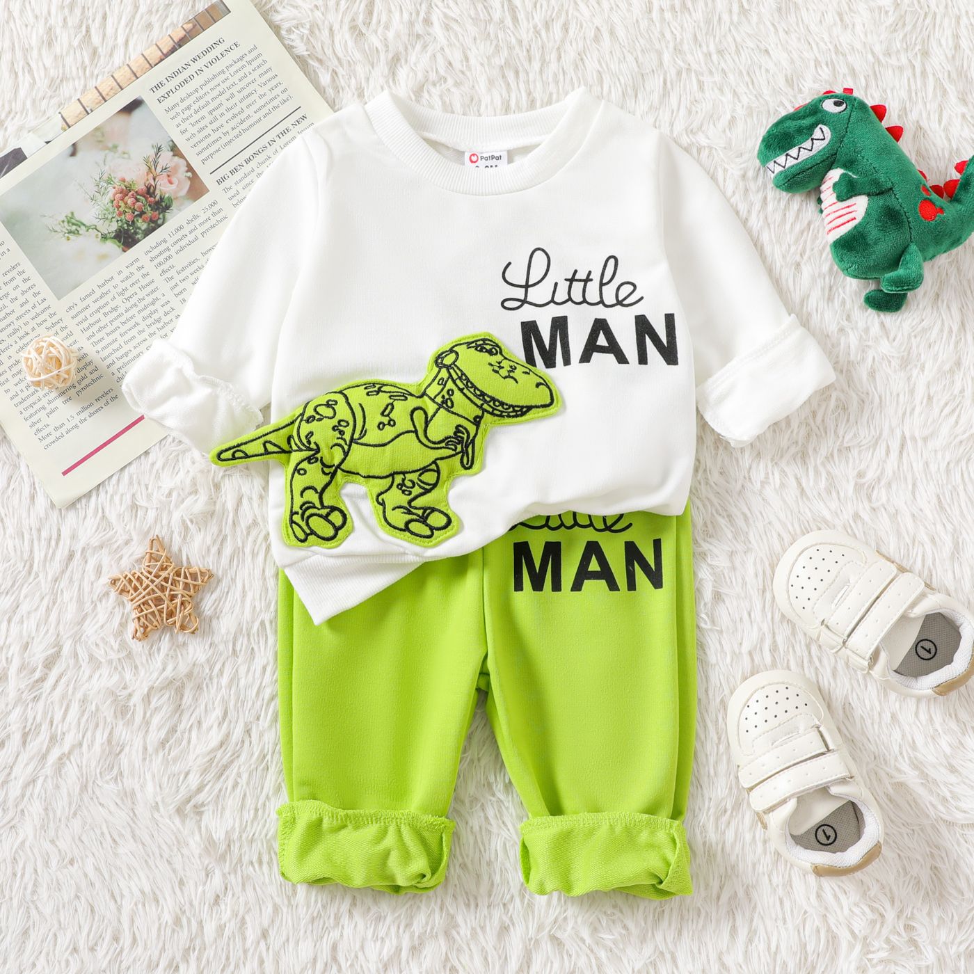 2pcs Baby Boy Dinosaur & Letters Graphic Long-sleeve Sweatshirt and Pants Set