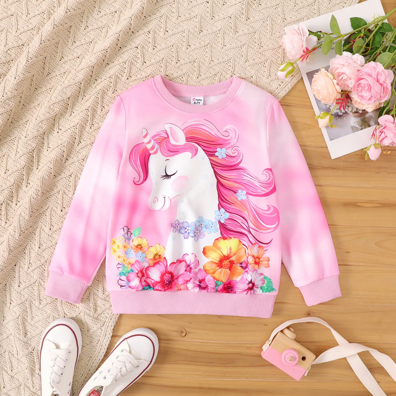 Kids Girl Elephant or Unicorn Print Long-sleeve Pullover Pink big image 1