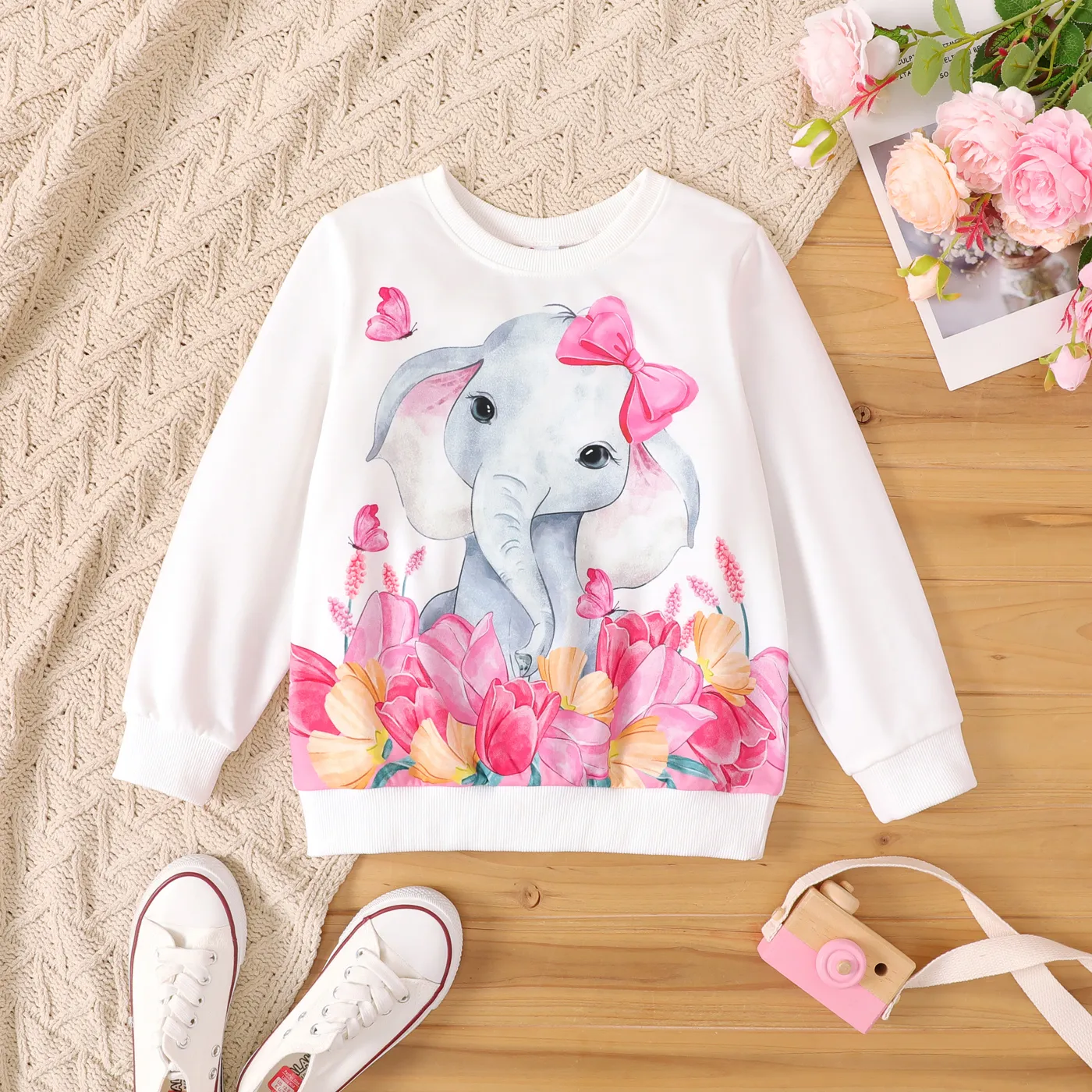 Kids Girl Elephant or Unicorn Print Long-sleeve Pullover White