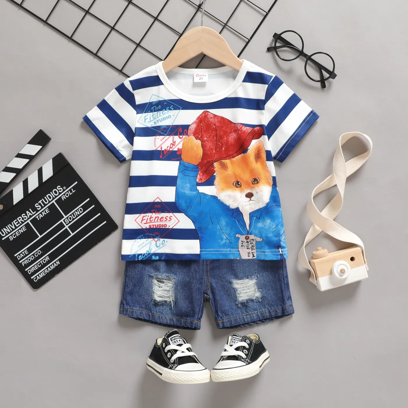2pcs Toddler Boy Fox Striped Short-sleeve Tee and Ripped Denim Shorts Set  Blue big image 1