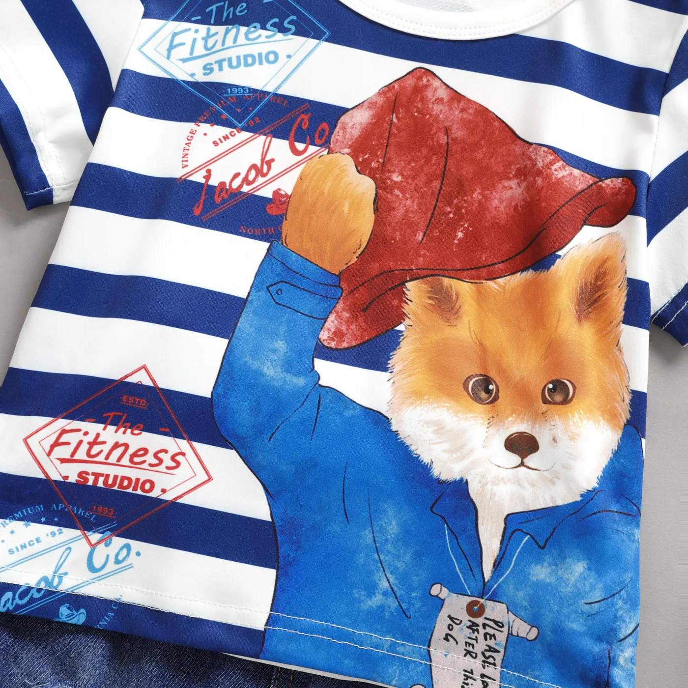 2pcs Toddler Boy Fox Striped Short-sleeve Tee and Ripped Denim Shorts Set  Blue image 5