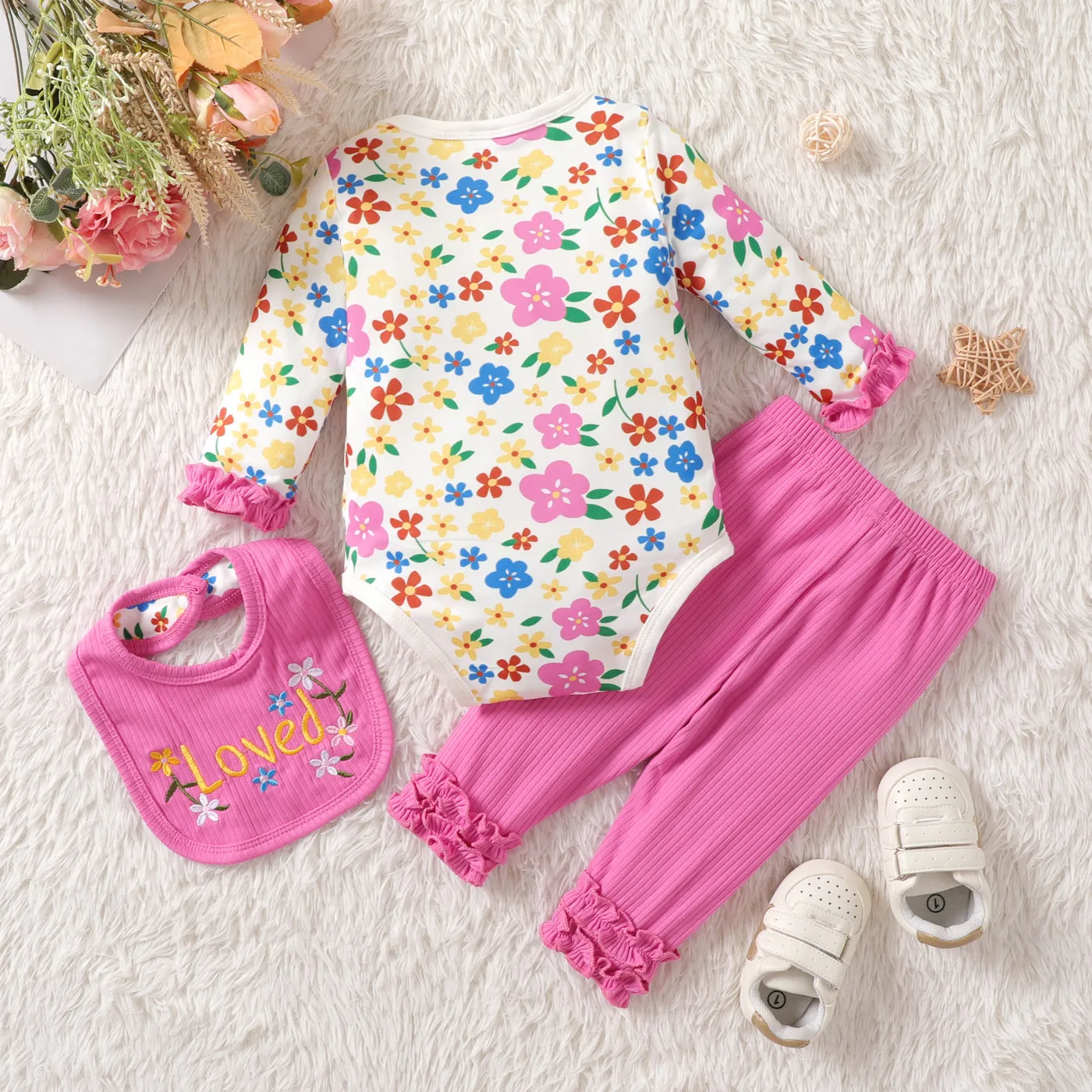 3pcs Baby Girl Allover Floral Print Ruffle Long-sleeve Romper and Ribbed Solid Pants & Bib Set Hot Pink image 2
