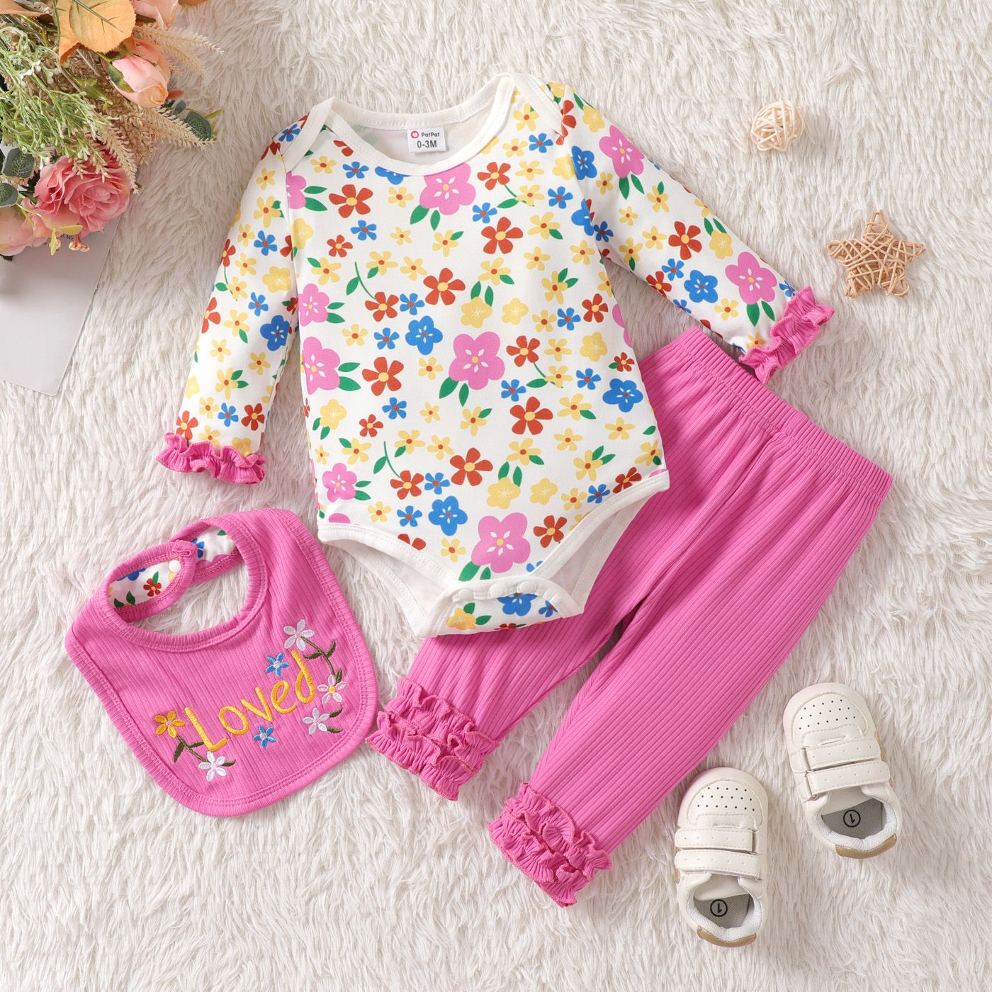 3pcs Baby Girl Allover Floral Print Ruffle Long-sleeve Romper And Ribbed Solid Pants & Bib Set