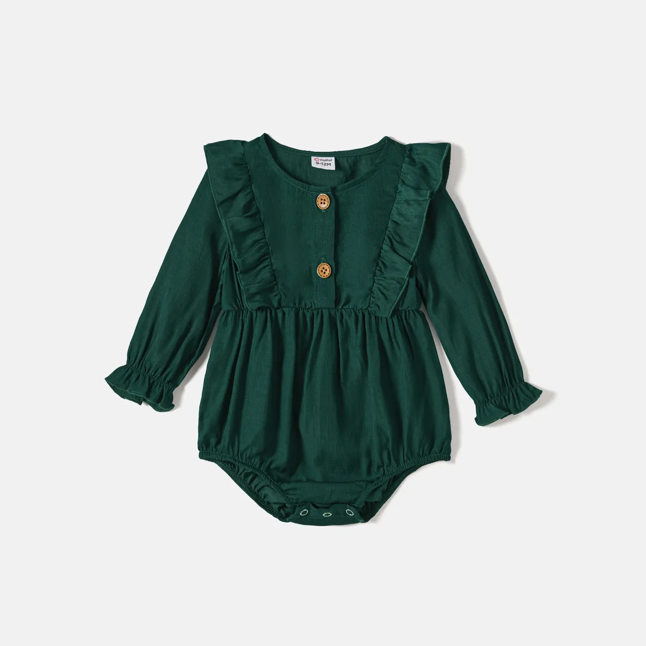 Family Matching Solid Shirred Tiered Belted Dresses and Long-sleeve Colorblock Shirts Sets Green big image 1