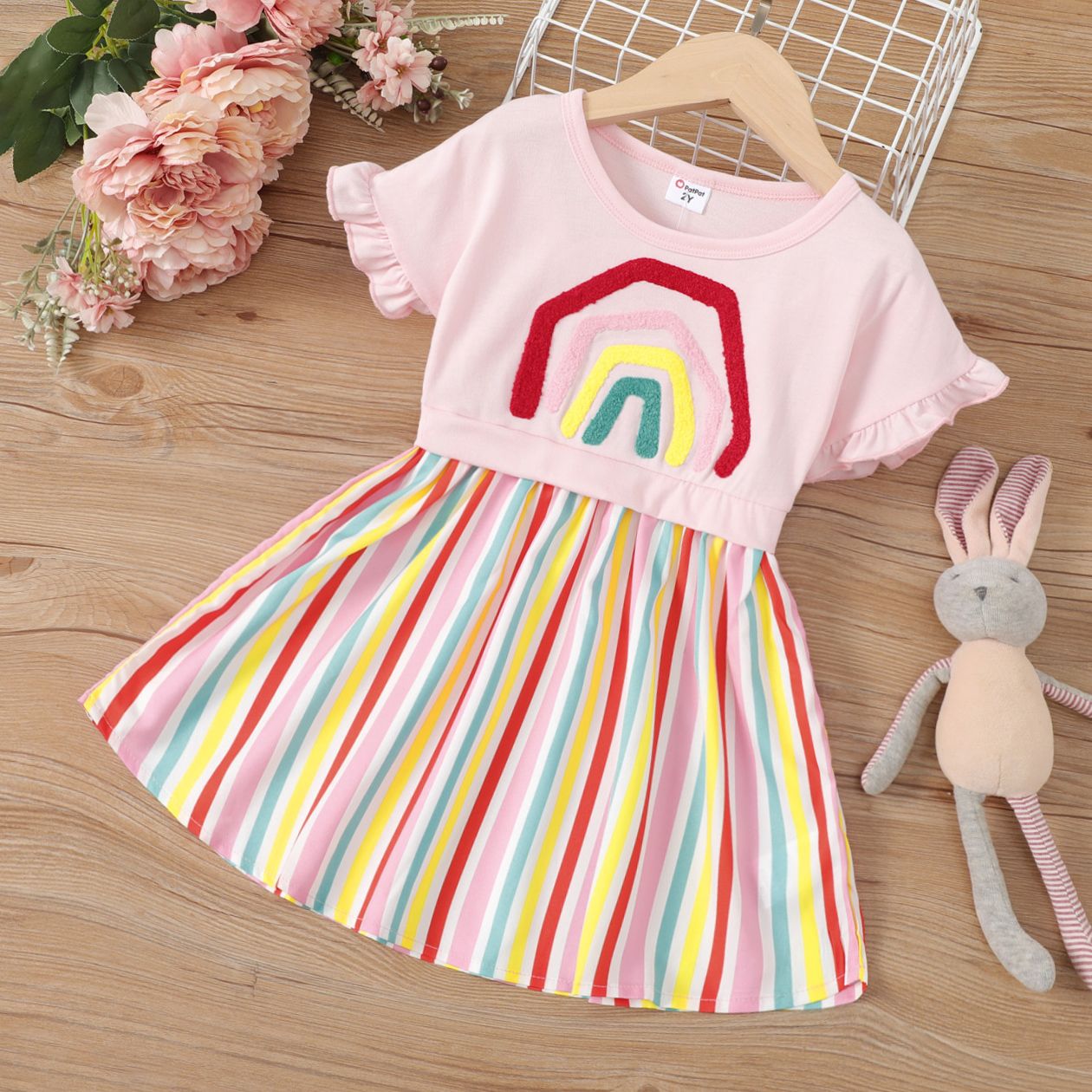 

2pcs Toddler Girl Rainbow Embroidered Ruffled Short-sleeve Top and Colorful Stripe Skirt Set
