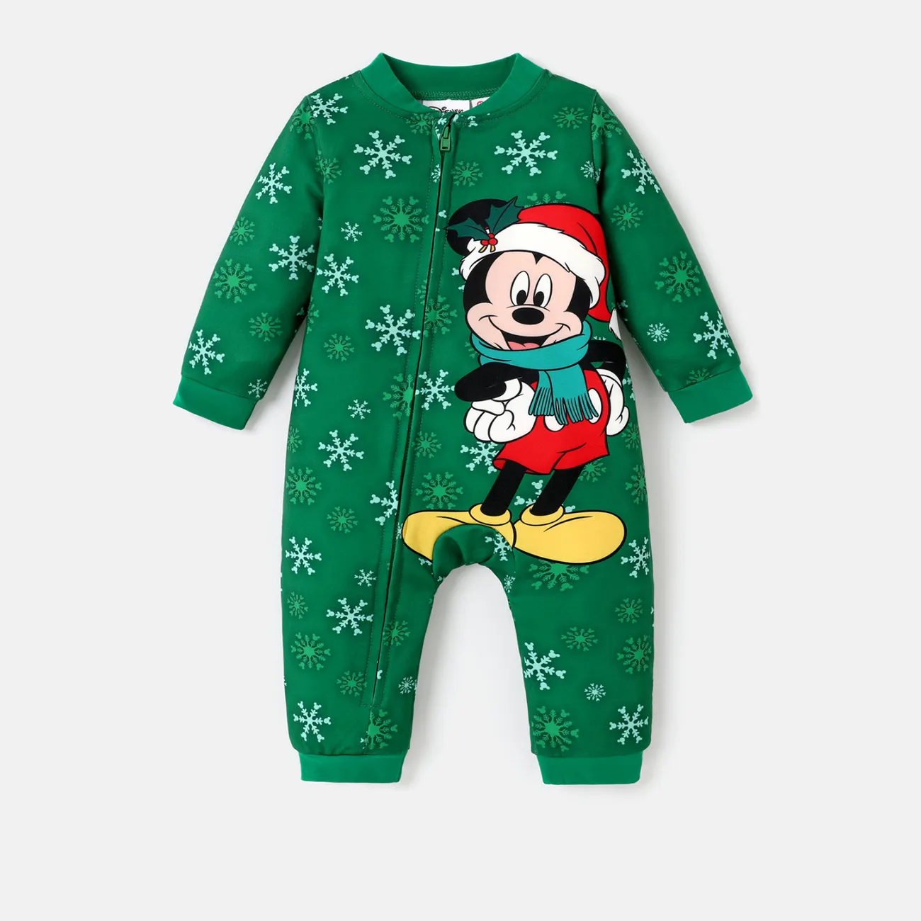 Disney Mickey and Friends Baby Girl/Boy Christmas Character & Snowflake Print Zip Up Long-sleeve Jumpsuit  Green big image 1