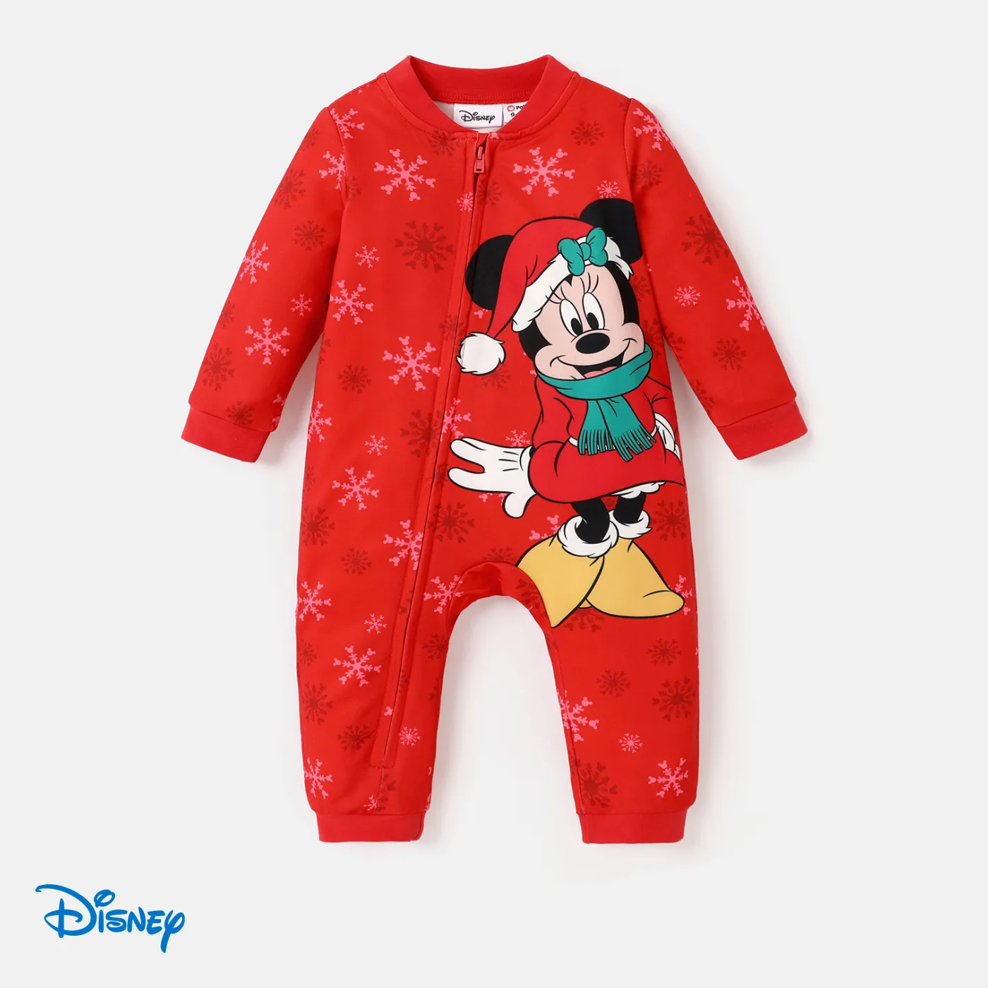 Disney Mickey And Friends Baby Girl/Boy Christmas Character & Snowflake Print Zip Up Long-sleeve Jumpsuit