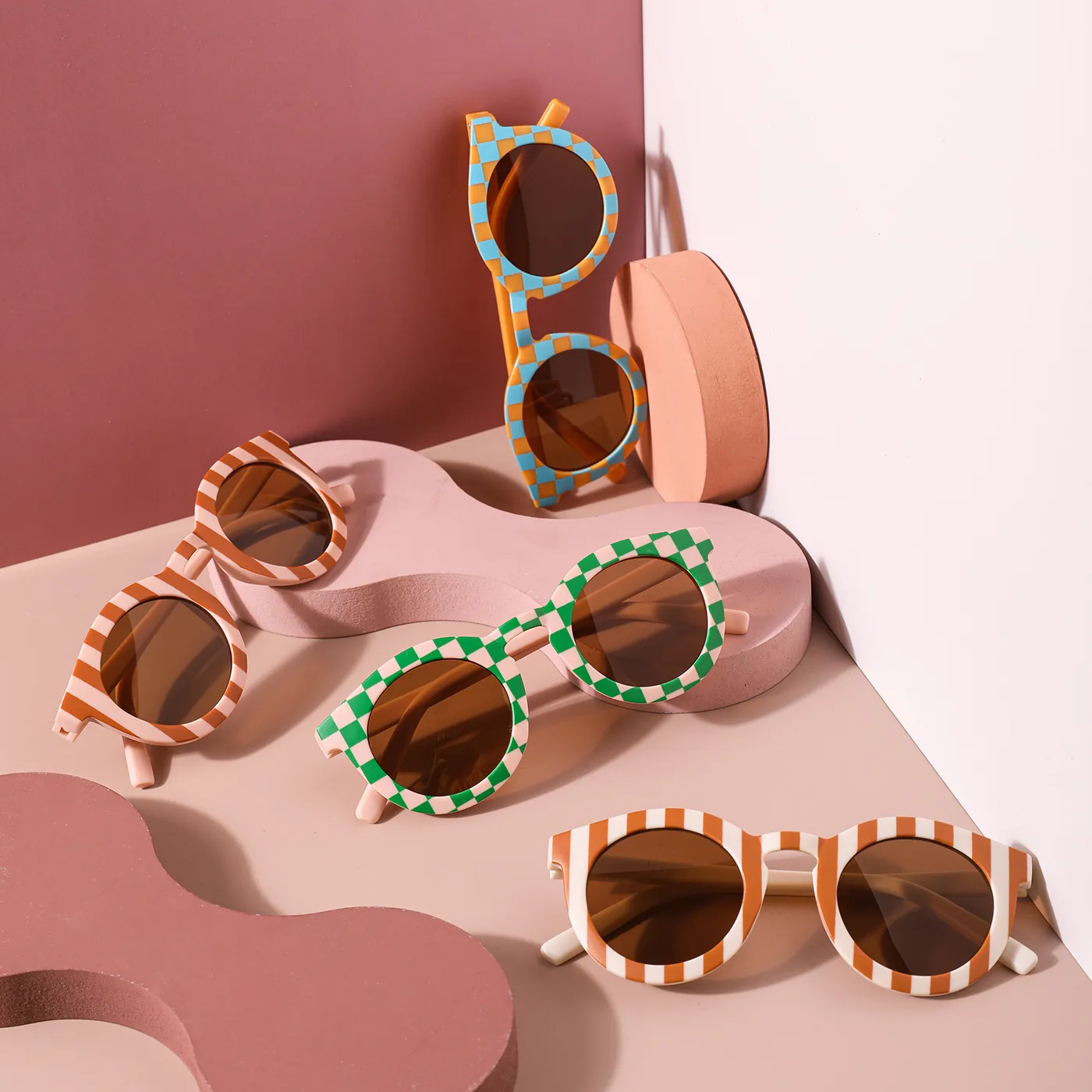 Toddler/Kid Retro Plaid Stripe Sunglasses (With Glasses Case)