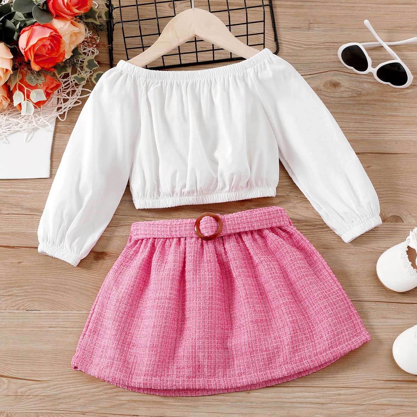 

2pcs Toddler Girl Off-Shoulder Long-sleeve Top and Belted Skirt Set