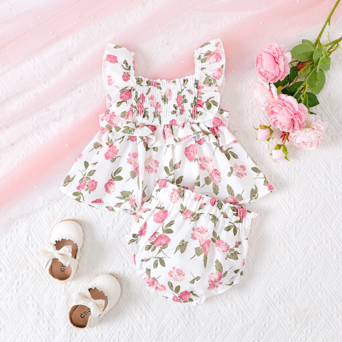 2 unidades Bebé Menina Ponto smock Rosa Elegante Sem mangas Conjunto para bebé Rosa image 2
