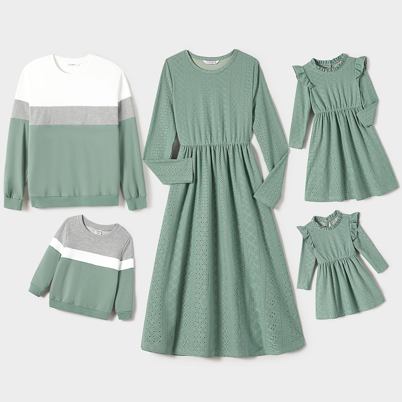 Family Matching Mint Green Lace Dresses And Color-block Long-sleeve Tops Sets