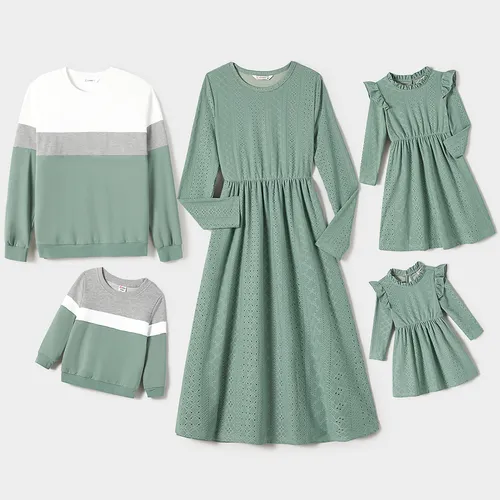 Family Matching Mint Green Lace Dresses And Color-block Long-sleeve tops Sets