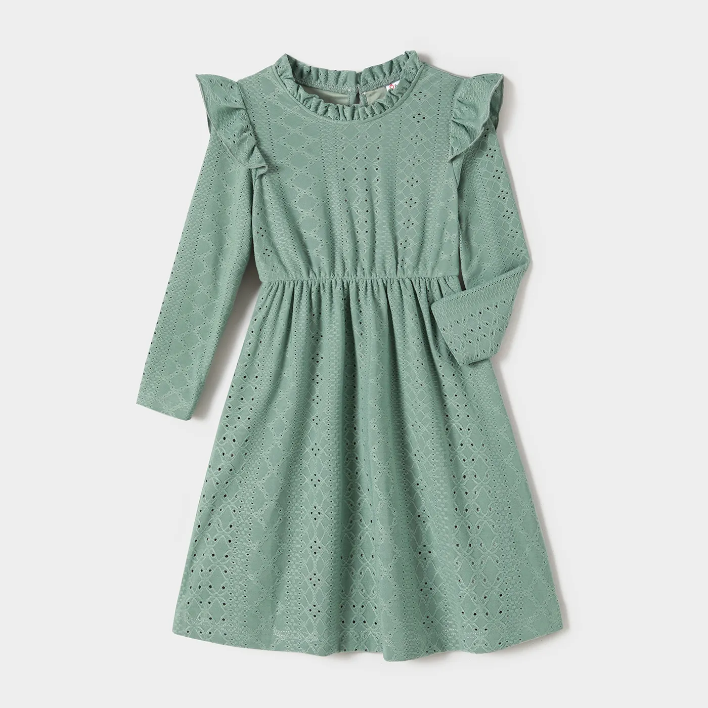Family Matching Mint Green Lace Dresses And Color-block Long-sleeve Tops Sets