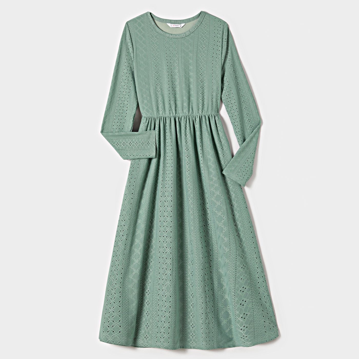 Family Matching Mint Green Lace Dresses And Color-block Long-sleeve Tops Sets