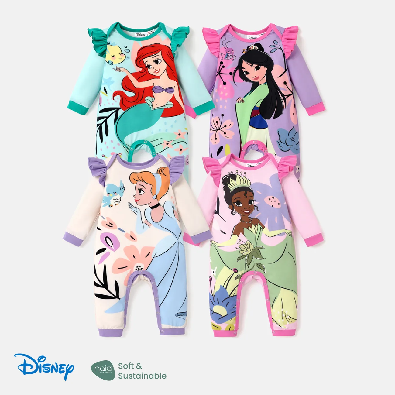 Disney Princess Baby Girl Naia™ Character Print Ruffled Long-sleeve Jumpsuit  Apricot big image 1