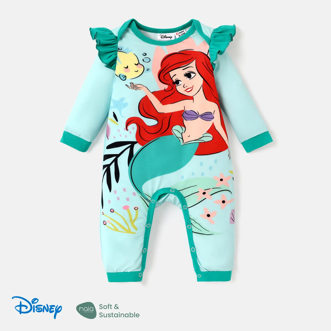 Disney Princess Baby Girl Naia™ Character Print Ruffled Long-sleeve Jumpsuit  Green big image 1