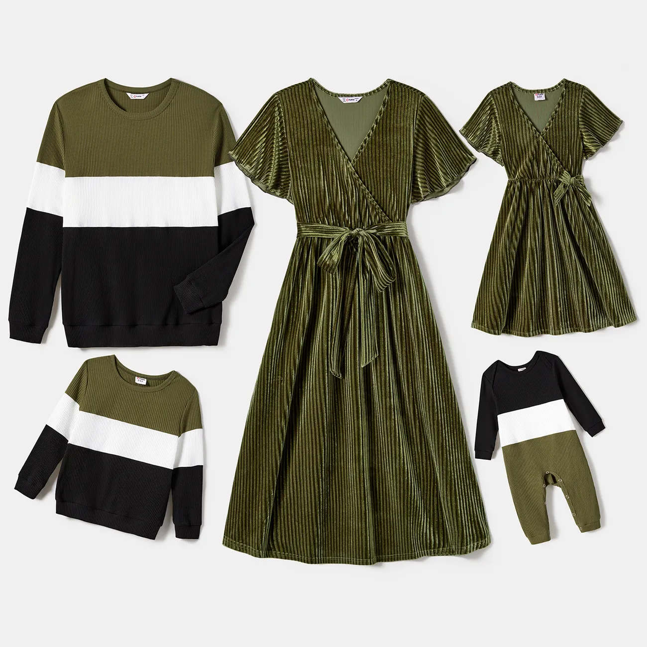 Family Matching Ribbed Solid Belted Dresses And Long Sleeve Colorblock Tops Sets Light Green big image 1