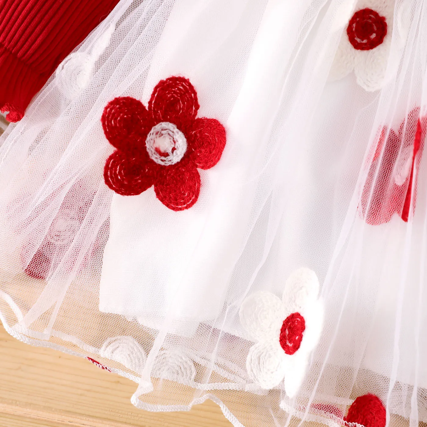 Bebé Costuras de tecido Flor grande Bonito Manga comprida Vestidos Vermelho image 3