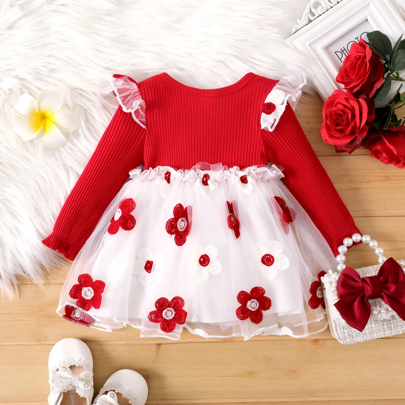 Bebé Costuras de tecido Flor grande Bonito Manga comprida Vestidos Vermelho image 2