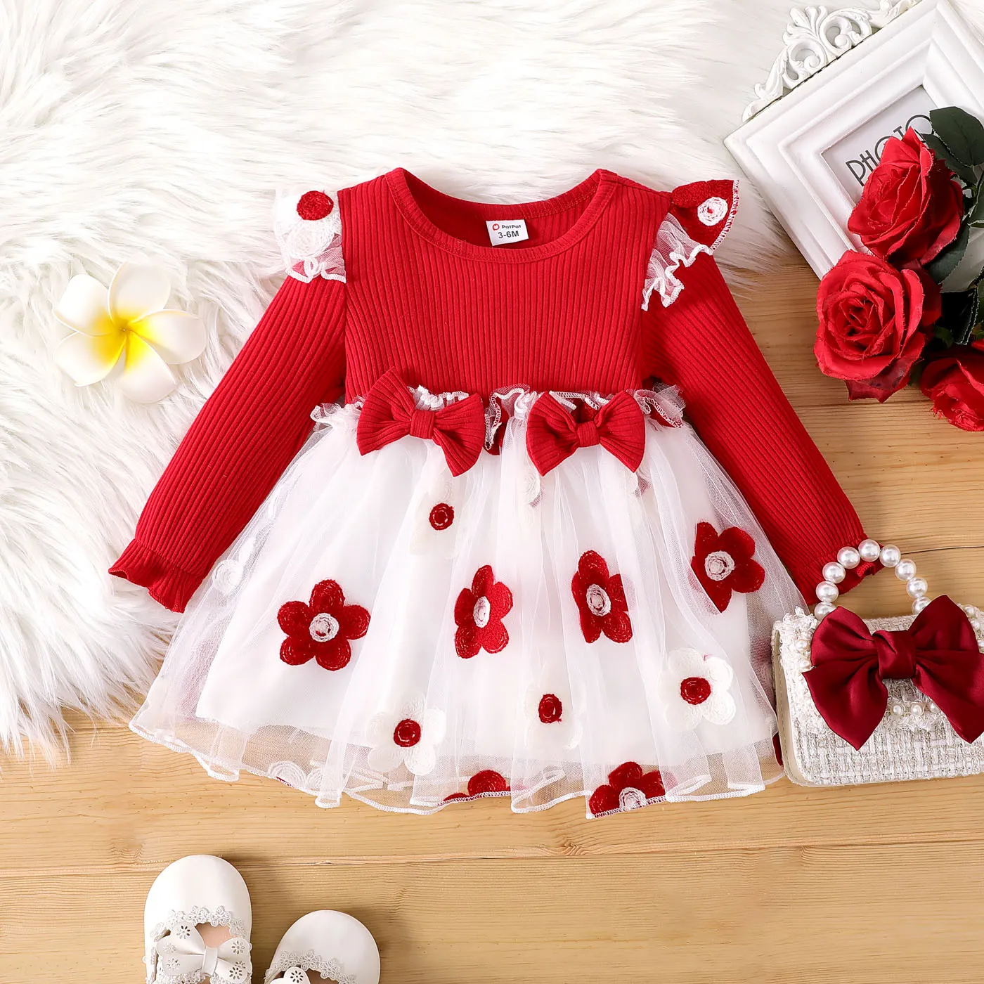 Baby Girl 95% Cotton Floral Embroidery Mesh Bow Decor Ruffle Long-sleeve Fairy Dress