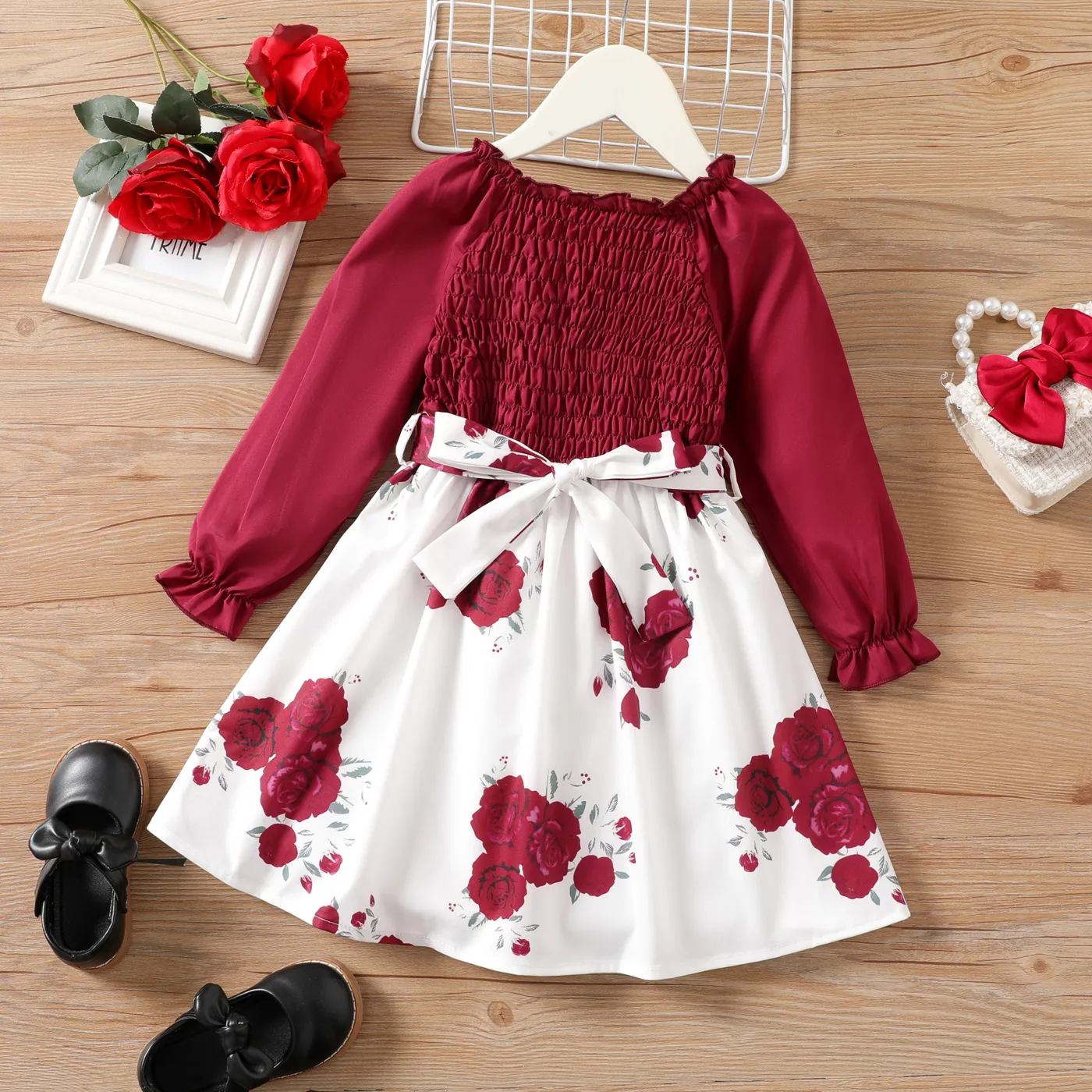 Toddler Girl Floral Panel Belted Smocked Dress   big image 1