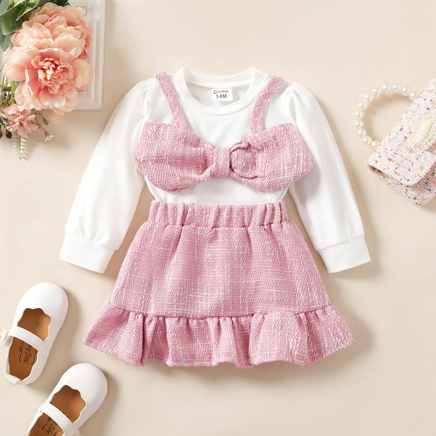 2pcs Baby Girl Sweet Solid Color Long Sleeve Skirt Set Pink big image 1