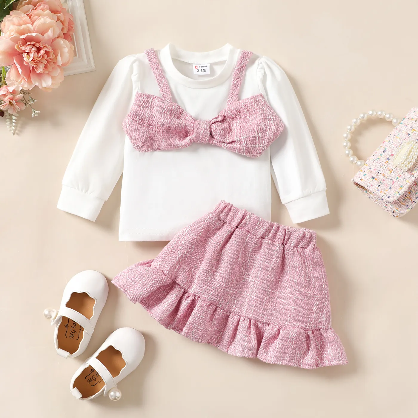 2pcs Baby Girl Sweet Solid Color Long Sleeve Skirt Set Pink image 2