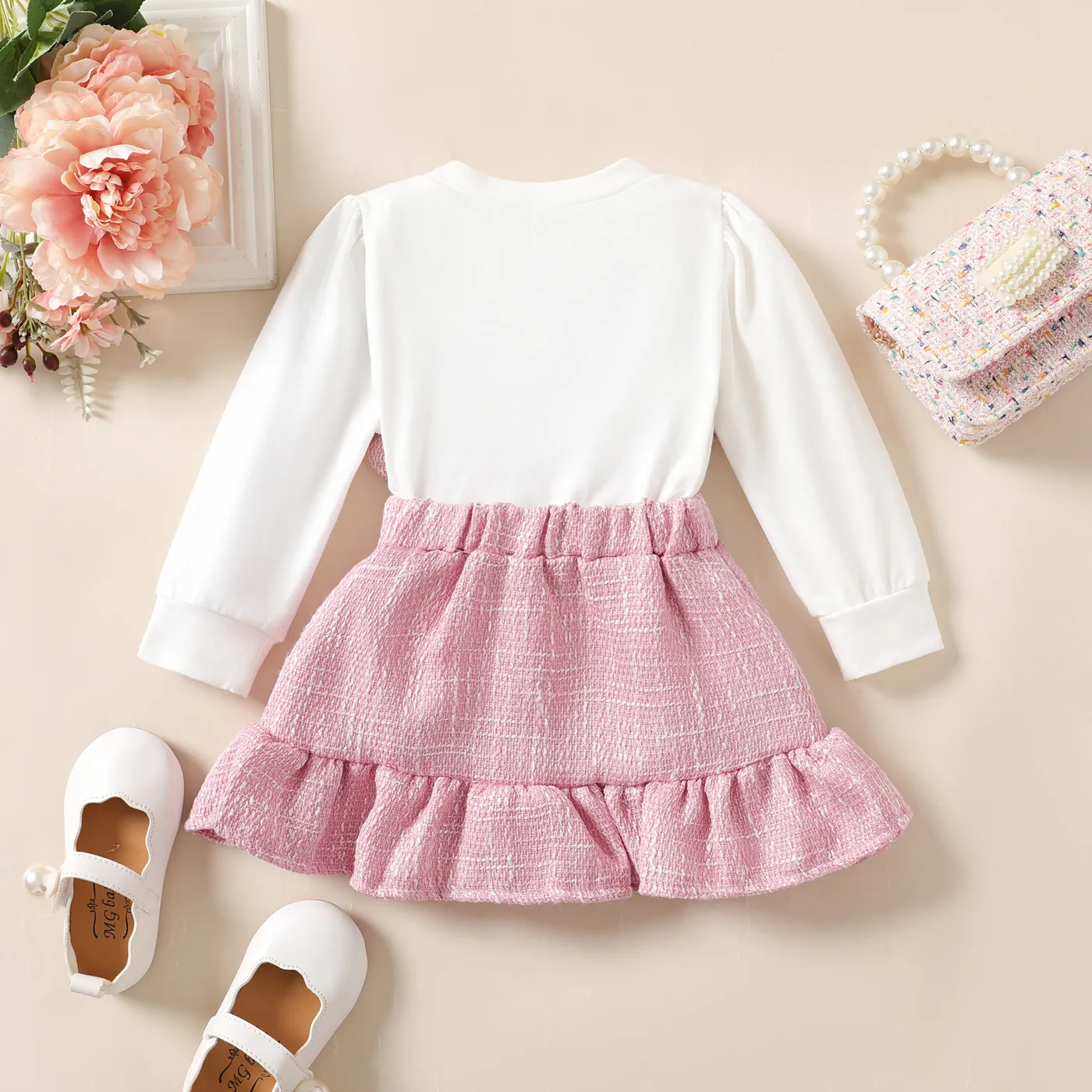 2pcs Baby Girl Sweet Solid Color Long Sleeve Skirt Set Pink image 3