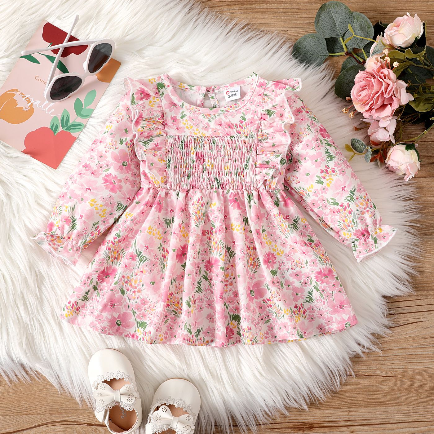 Baby Girl Allover Floral Print Smocked Ruffle Long-sleeve Dress