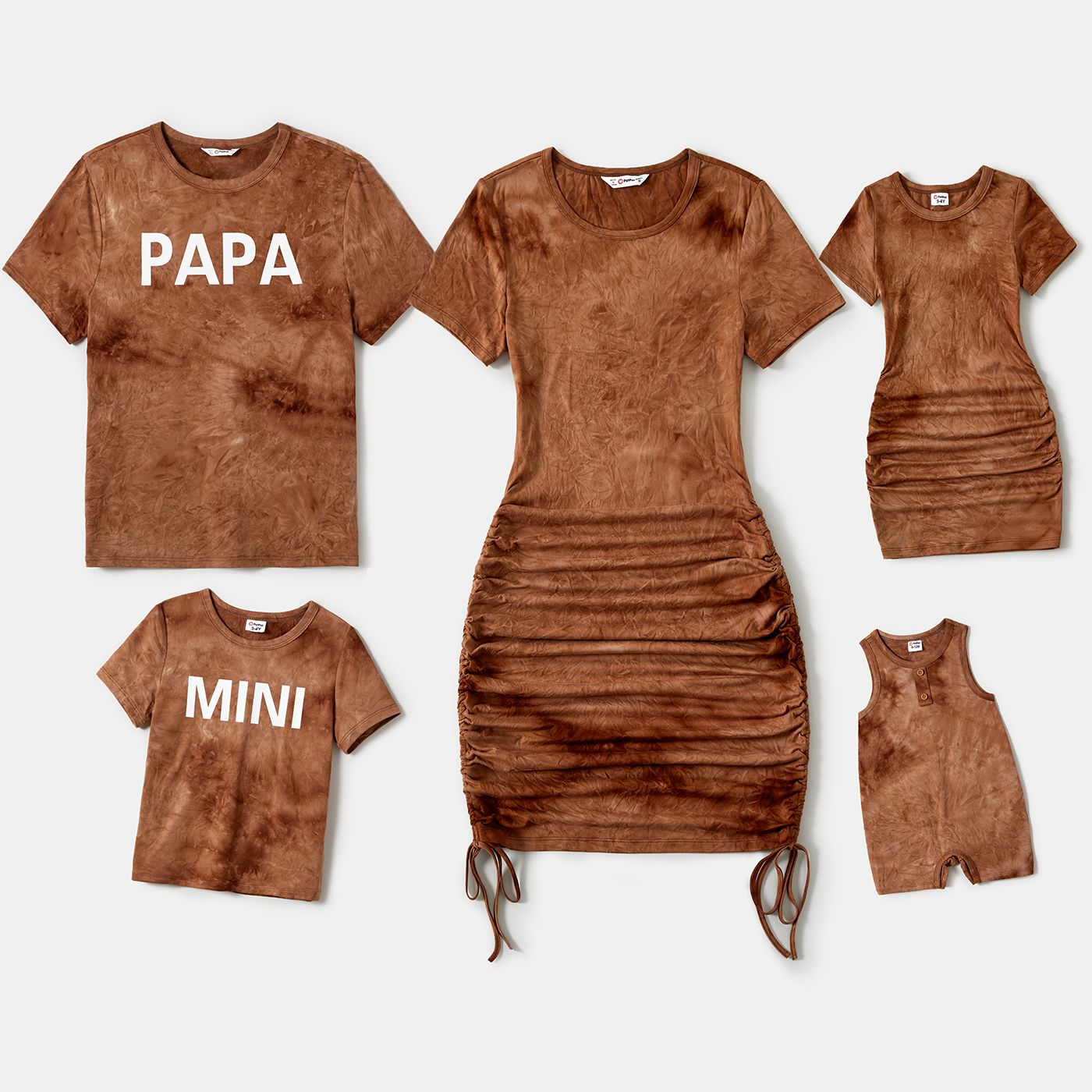 Family Matching Solid Ruched Bodycon Dresses And Short Sleeve Letter Print Tops Sets