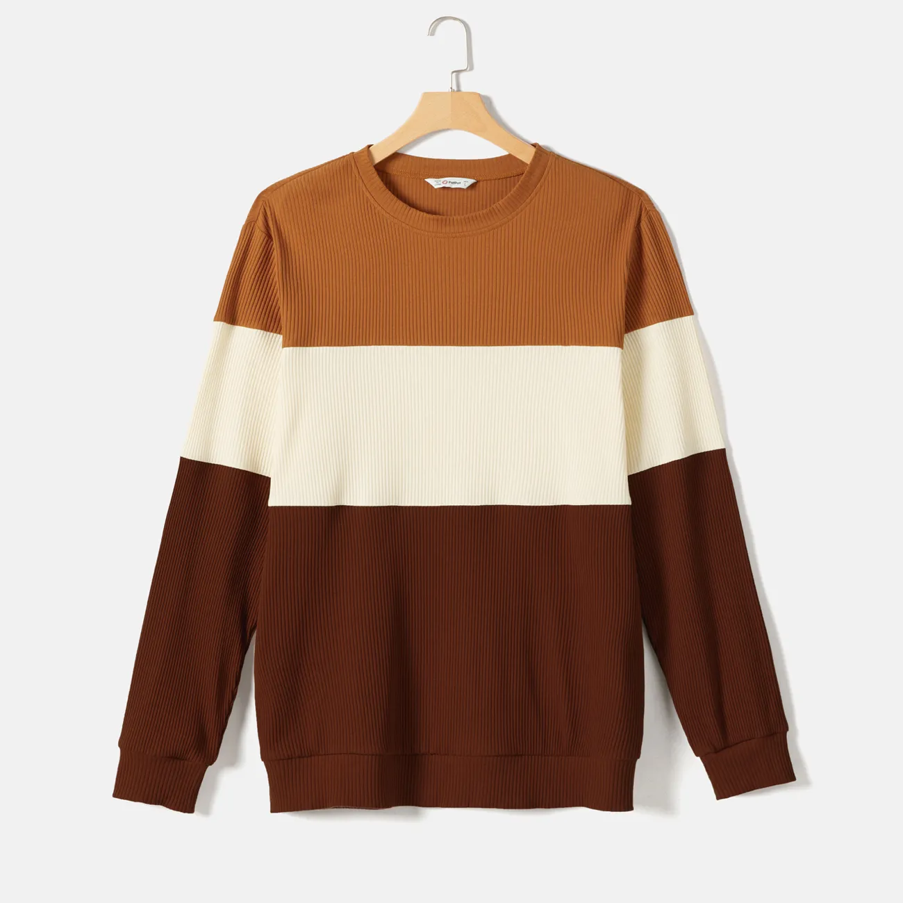 Family Matching Belted Long Sleeve Mesh Dresses and Color-Block Long Sleeve Sweater Sets Brown big image 1